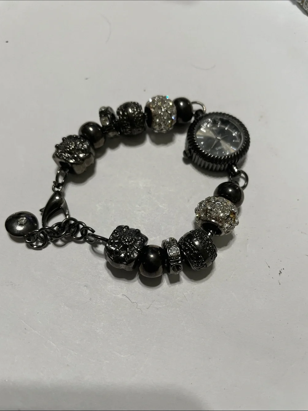Cici &Faye Gunmetal Beaded Crystal Charm Bracelet Watch